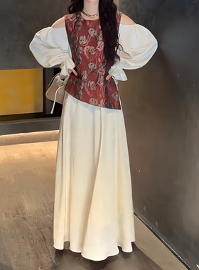 三吉黑花【花满溪】新中式国风提花假两件连衣裙子今年流行长裙潮