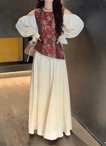 三吉黑花【花满溪】新中式国风提花假两件连衣裙子今年流行长裙潮