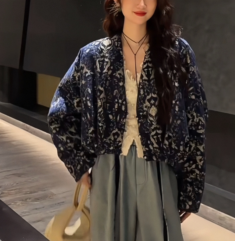 【倪妮机场同款】三吉黑花【渡江云】国风新中式腰果花短外套女款