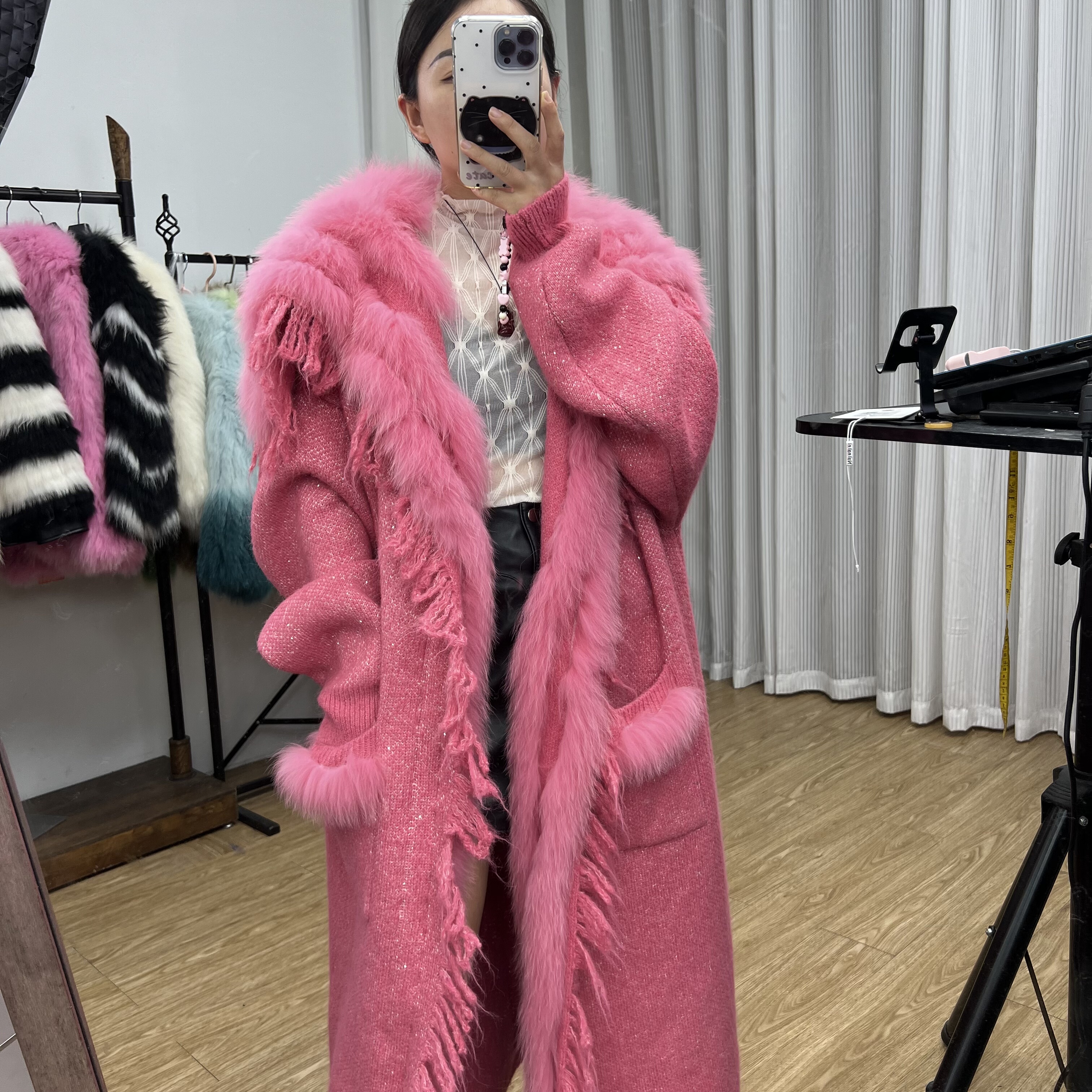 2025针织长款皮草外套星光闪闪流苏亮片加毛加量真狐狸毛针织毛衣
