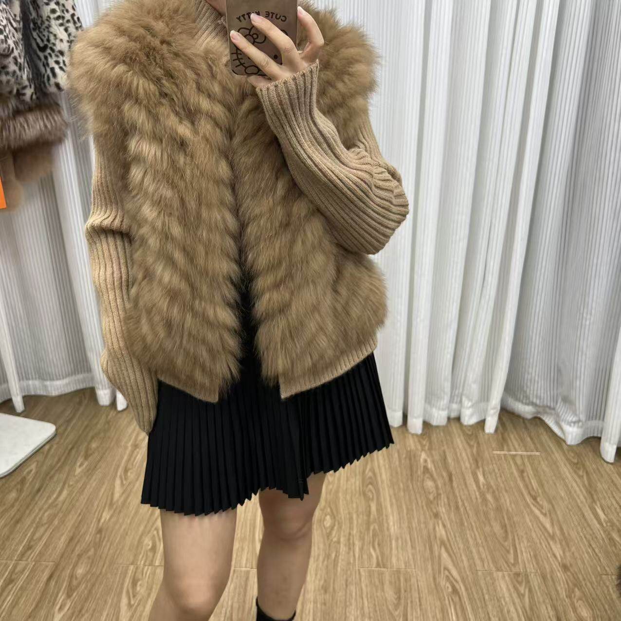2026海宁女士皮草狐狸毛车条针织袖时尚保暖外套