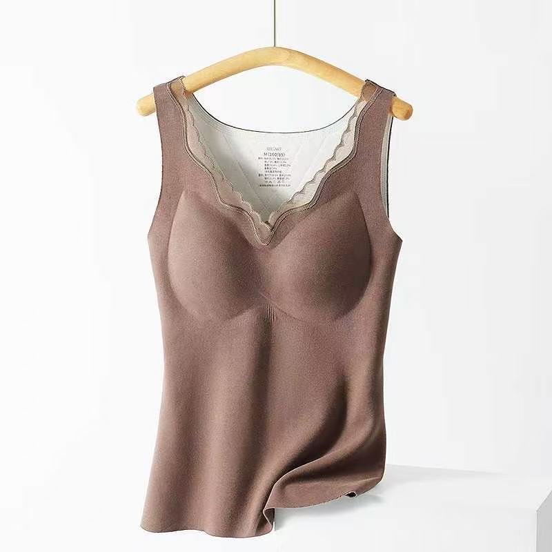 2025女士羊绒智暖滋养保暖蕾丝保暖背心女内搭AB面打底内衣带胸垫