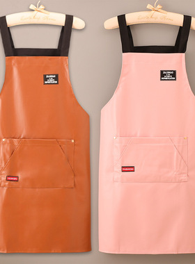 pu软皮防水防油围裙做饭饭店免洗背带橘橙色人造皮革杀鱼围兜兜sy