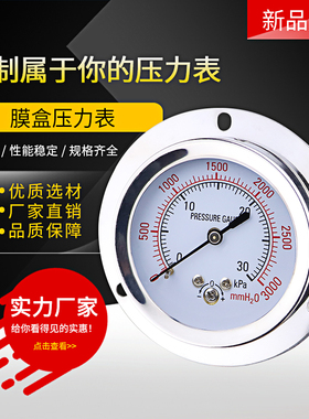 轴向带边膜盒压力表YE60ZT 不锈钢微压表KPa面板安装燃气表千帕表