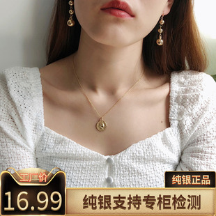 ins复古人像金币项链 欧美简约chic头像银币毛衣链 钱币锁骨链女