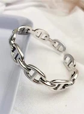 纯银复古手镯韩版气质个性日字型做旧泰银手环简约锁链设计感饰品