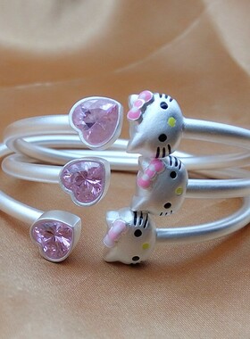 纯银凯蒂猫手镯女镶嵌爱心形粉钻大人闺蜜儿童亲子款小女孩镯子
