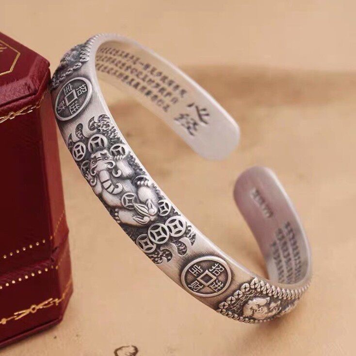纯银复古貔貅手镯招财进宝铜钱镯子心经六字真言足银999转运手环