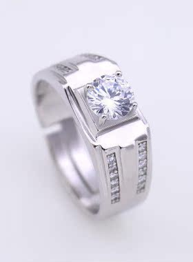 纯银镀白金潮人男钻戒镶莫桑石男士钻石戒指韩版微镶霸气指环婚戒