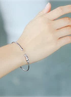 森系猫咪纯银手镯简约创意攀爬猫开口韩版甜美手环送女友闺蜜礼物