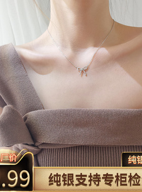 银春春甜美蝴蝶结项链女纯银日韩国简约学生锁骨链生日小清新配饰