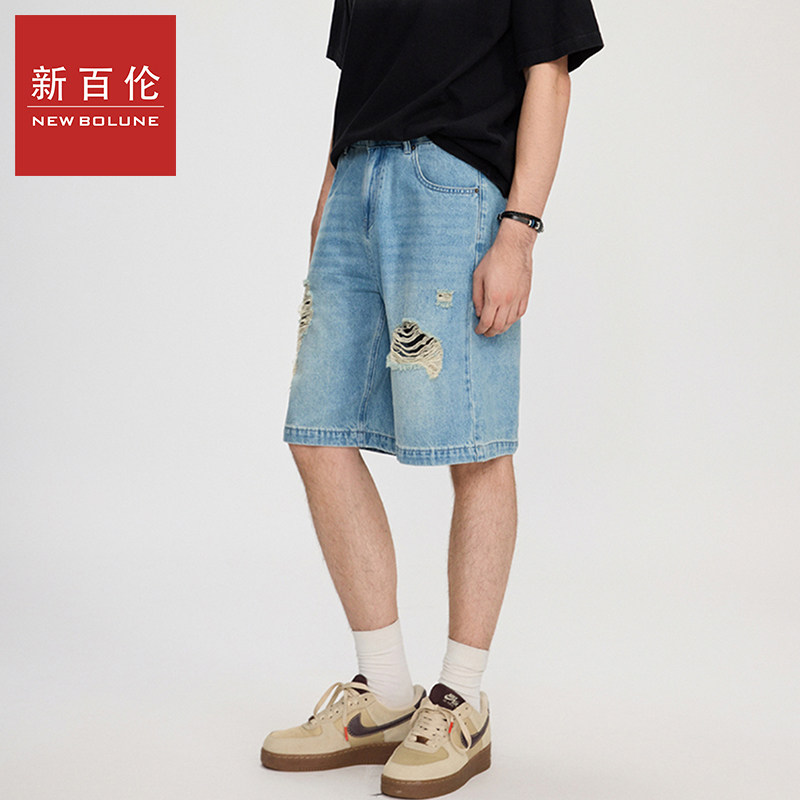 新百伦五分牛仔裤男美式短裤2026春夏新款潮牌破洞宽松休闲中裤