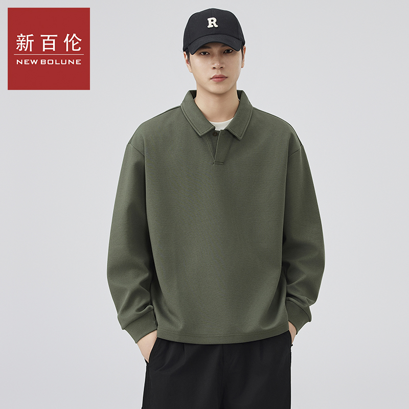 新百伦300g翻领V领长袖卫衣上衣男款纯色秋冬季美式卫衣外套上衣