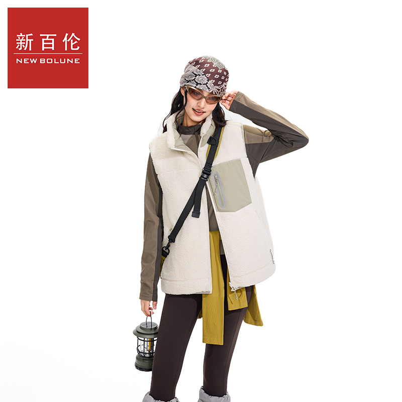 新百伦冬季山系户外双面穿羊羔绒立领羽绒马甲男女款90鸭绒外套