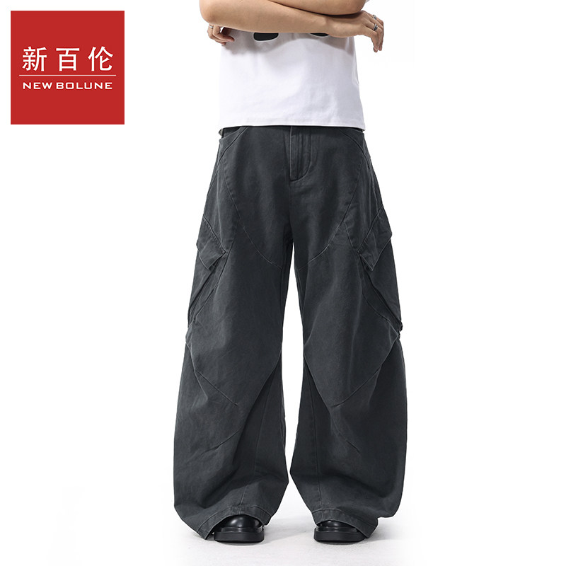 新百伦2026春季新款美式弯刀结构裤男士阔腿直筒宽松工装休闲裤