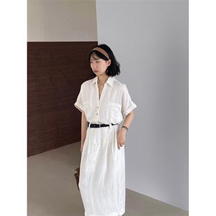 江左 老钱风裙子亚麻女装夏高级感短袖连衣裙女夏长裙配皮带1606