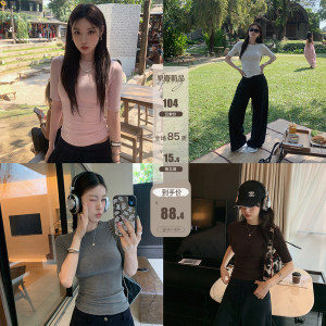 张贝贝ibell塑形收腰显瘦五分袖正肩T恤修身纯色圆领短袖上衣女春