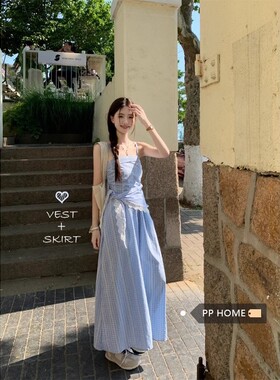 【原版做法】蓝色格纹抹胸吊带连衣裙女夏季法式感收腰显瘦裙子