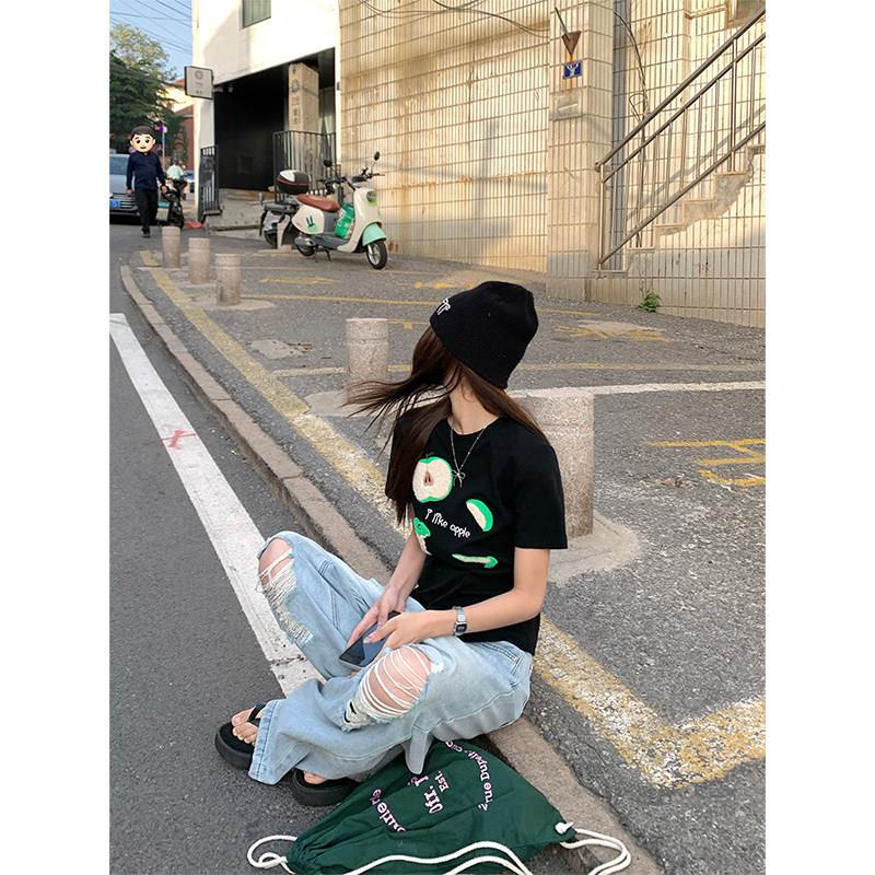 CCKOK 苹果毛巾绣正肩T恤2026夏季新款美式小众设计减龄短袖女ins