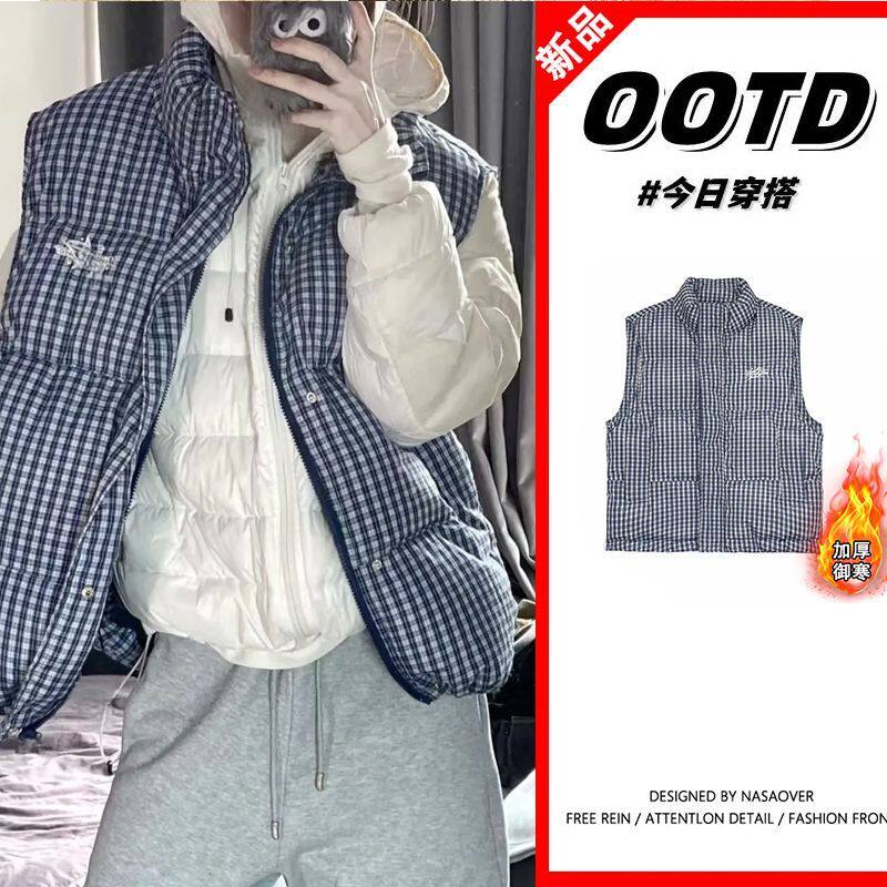 复古宽松格子马甲外套女冬季加厚保暖叠穿无袖背心棉衣棉服男女潮