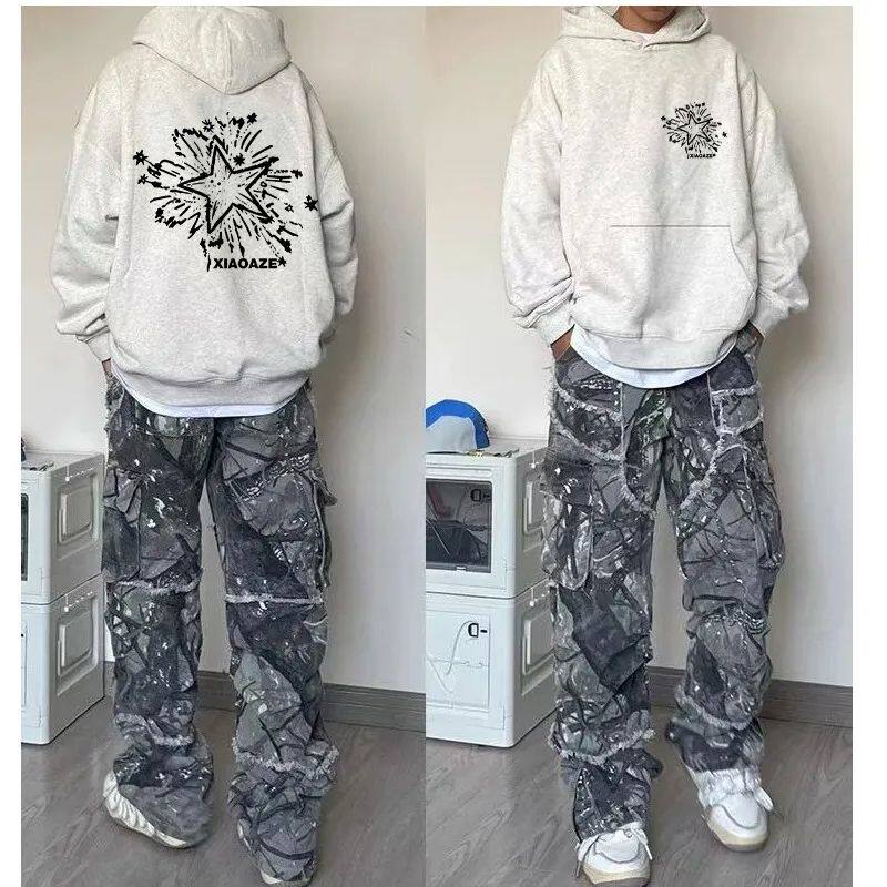 美式ins星星涂鸦印花连帽卫衣男女学生潮流宽松秋冬加绒加厚帽衫