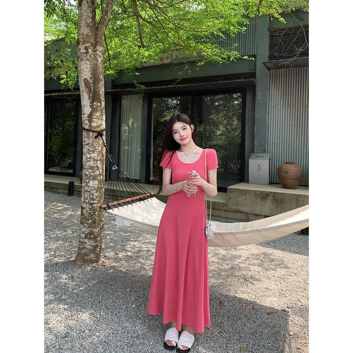 alex stevens纯色修身短袖连衣裙女度假长裙春夏季垂感中长款裙子