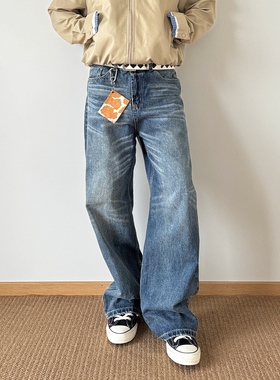 POPLAR CLASSIC 靓蓝A字宽松直筒水洗猫须牛仔裤cleanfit百搭通勤