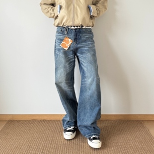 POPLAR CLASSIC 靓蓝A字宽松直筒水洗猫须做旧cleanfit微喇牛仔裤