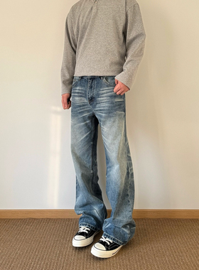 POPLAR CLASSIC复古猫须水洗做旧直筒微喇显瘦cleanfit牛仔长裤男