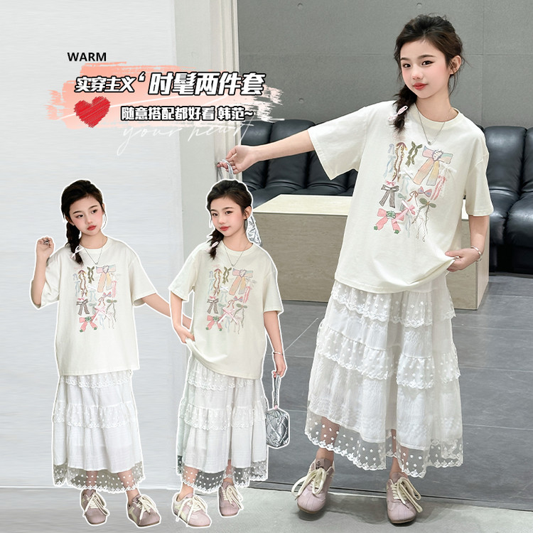 女童套装2025夏季新款洋气蝴蝶结印花短袖裙子套装时尚半身裙韩版