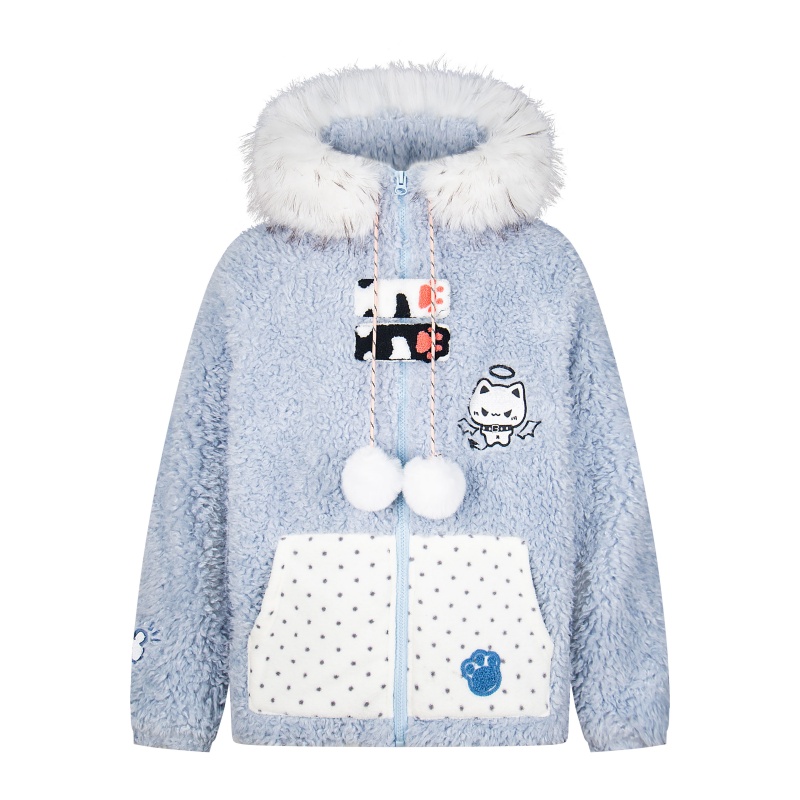 万千少女LULU恶魔小猫贴布刺绣连帽卫衣女秋冬加绒加厚羊羔毛外套