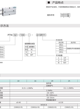 Pneulead纽立得双杆轴气缸PTN10-10 16 20 25 32-504030758090125
