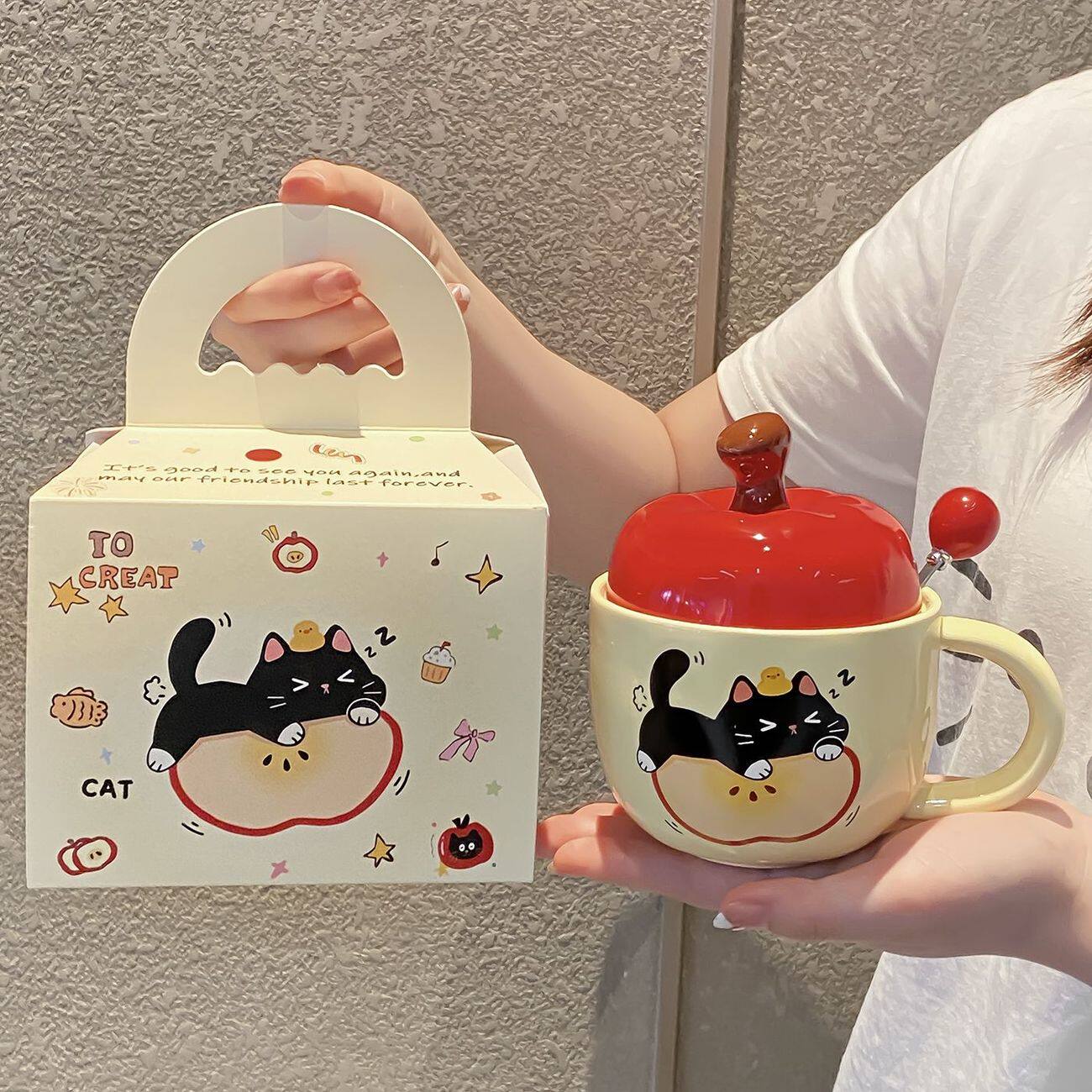 可爱猫咪陶瓷马克杯子卡通苹果水杯带盖情侣生日礼物送女生伴手礼