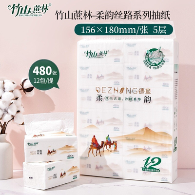 竹山蔗林抽纸纸巾12包柔韵丝路480张家用面巾纸餐巾纸干湿用大号
