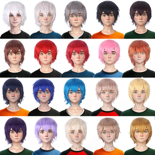 万用COS假发短发30cm男女通用少年正太反翘黑白银红蓝金亚麻棕色