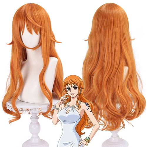 海贼王 娜美COSPLAY橘色长卷发65cm玫瑰网橙色波浪中长发假发毛胚