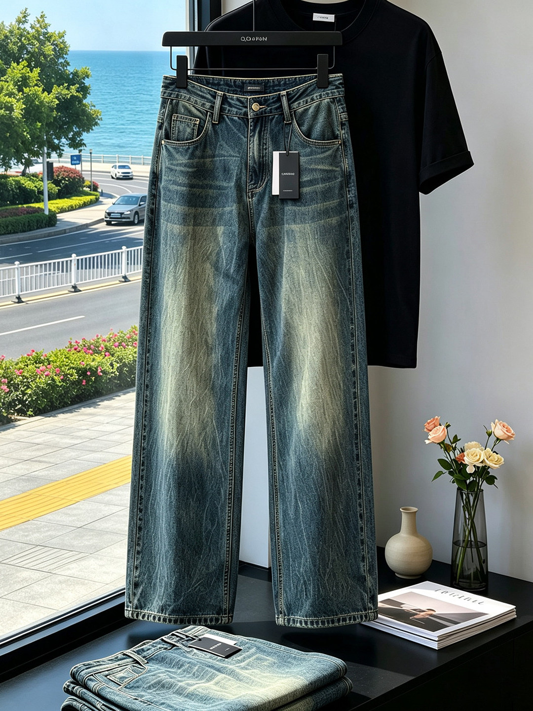 复古蓝闪电纹牛仔裤男款秋季美式高街vibe裤子cleanfit窄版直筒裤