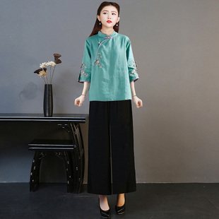 加肥加大码中式盘扣唐装改良旗袍套装复古民族国风女上衣茶汉服