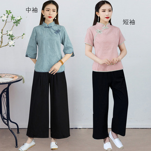 宽松大码茶服女中式棉麻唐装中医推拿艾炙工作服采耳师套装裤春夏