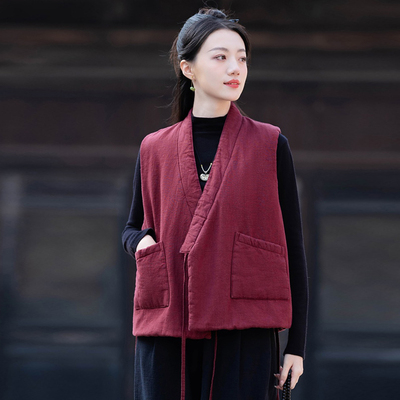 中国风棉麻夹棉马甲女秋冬中式复古坎肩民族风禅意加厚上衣茶棉服