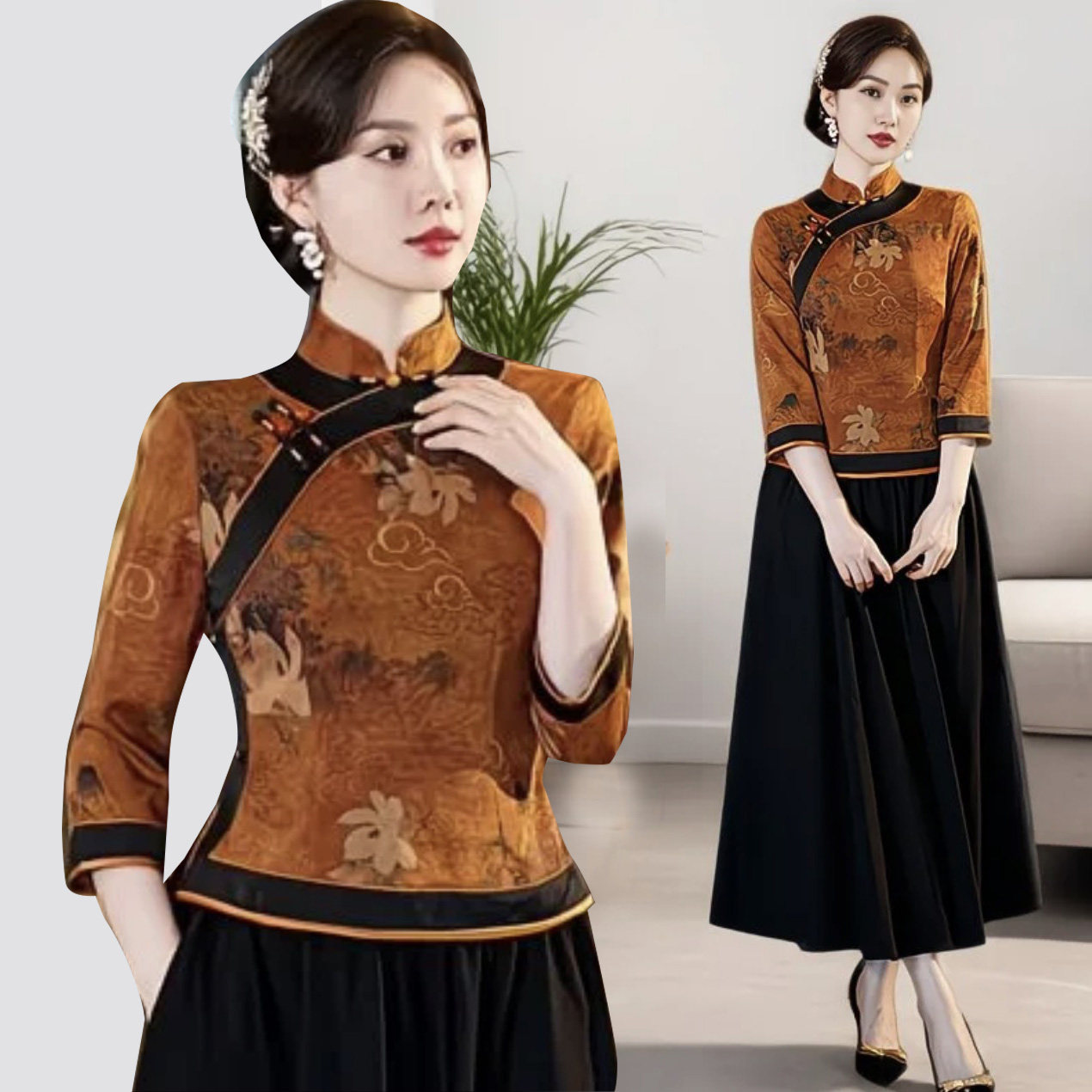 大码民国风复古改良旗袍上衣短款中式唐装中国风女士妈妈装茶汉服