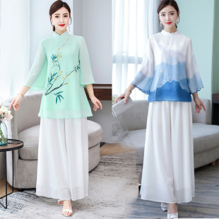 女上衣采耳师服茶服夏季 中国风唐装 文艺复古风七分袖 裙套装 中长款
