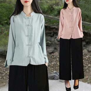 茶艺服两件套裤 上衣民族风棉麻唐装 女长袖 中国风盘扣复古百搭衬衫