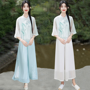 新中式国风套装裤2025新款夏季改良唐装汉服茶艺服美容馆采耳师服