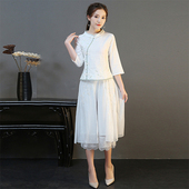 服装 中国风年轻改良唐装 民国风女上衣表演中式 阔腿裤 旗袍两件套装