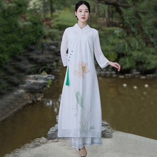中式禅意茶艺服中国风旗袍式日常古风连衣裙改良汉服采耳师女服装