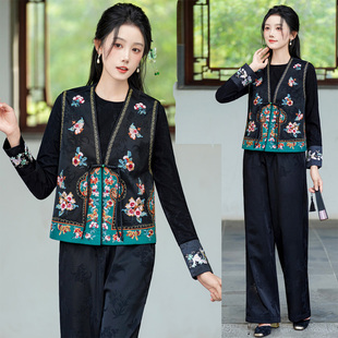 新中式国风春秋缎面马夹盘扣复古套装剌绣民族风马甲外套女装开衫