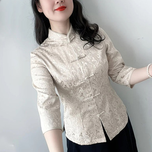 大码中式唐装经典提花百搭中国风女上衣气质洋气妈妈茶服美容师服