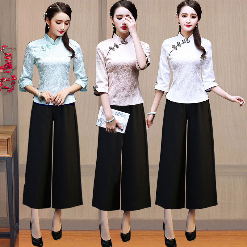 大码中式改良旗袍唐装上衣女复古民国风茶服美容养生馆采耳师服装