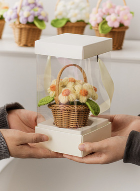 迷你小花篮盆栽手工毛线钩织泡芙小花盆栽桌面装饰摆件针织永生